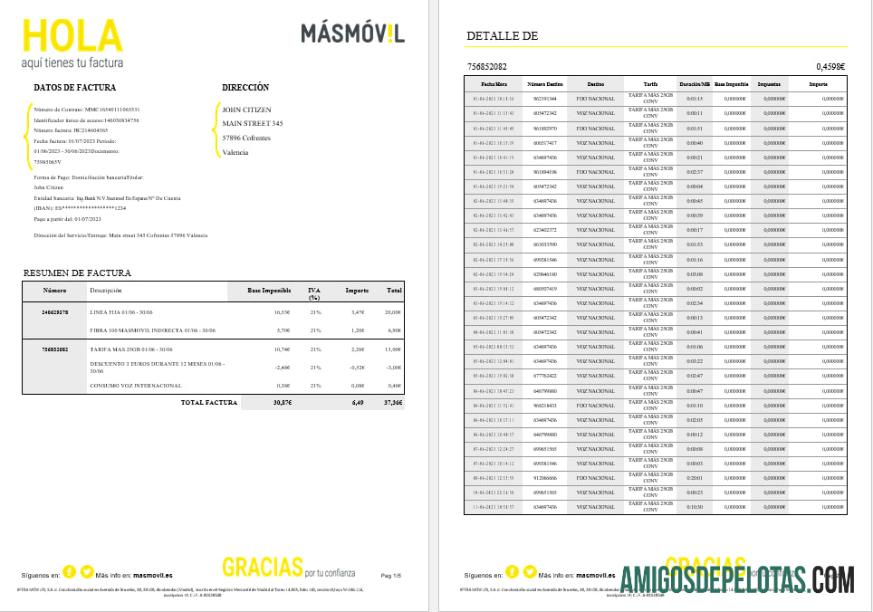Espanha Masmovil Internet Utility Bill Formatos Word e PDF, 6 páginas exemplo
